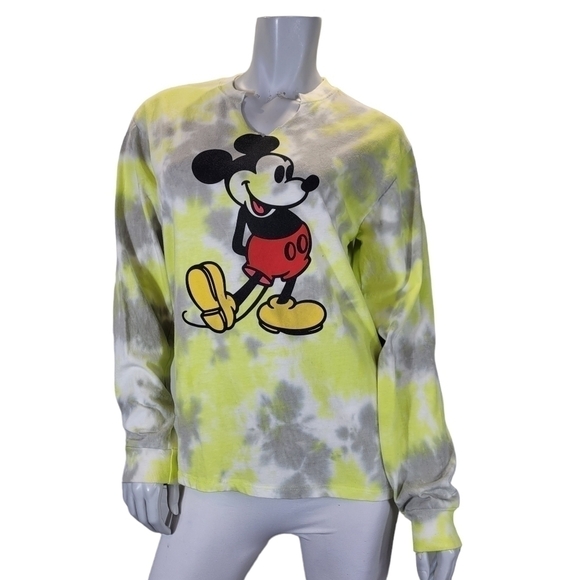 Disney WMS M Tee T Shirt Yellow Grey Mickey Mouse Tie Dye Long Sleeve Athleisure - Picture 1 of 7